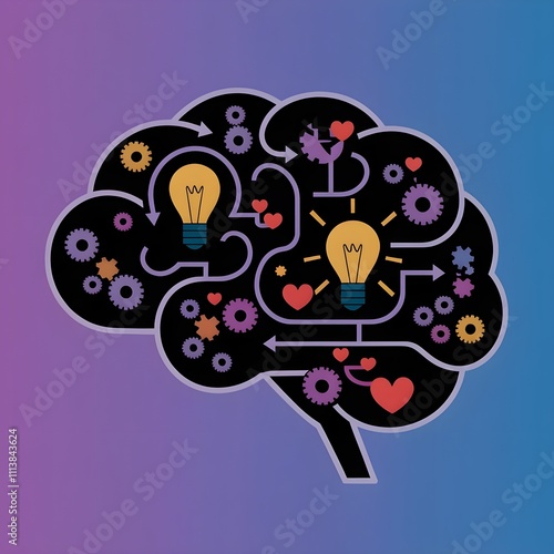Vector illustration of a brain with multiple elements. background is a gradient of purple to blue.