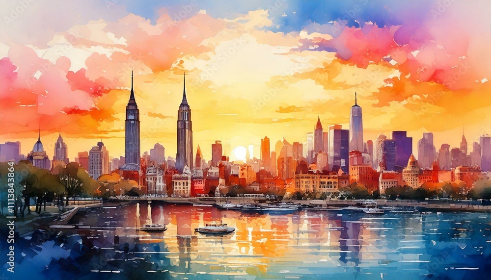 Iconic city skyline painted in soft watercolor tones, with a sunset backdrop Iconic city skyline painted in soft watercolor tones, with a sunset backdrop