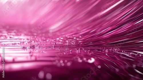 A glossy surface displaying a striking pink gradient that deepens into a rich burgundy, marked by scattered fibers and small imperfections. The distorted reflections enhance the dynamic visual effect. photo