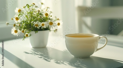 Wallpaper Mural A clean white table with a cup of chamomile tea and a small potted plant. Torontodigital.ca