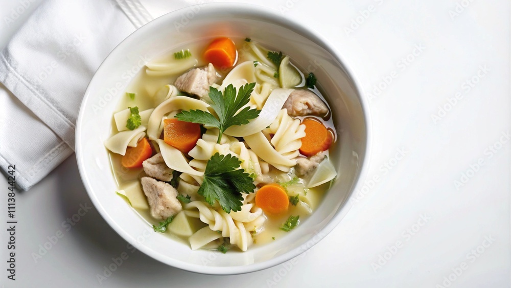 A Bowl of Chicken Noodle Soup with Carrots and Parsley A Bowl of Chicken Noodle Soup with Carrots and Parsley
