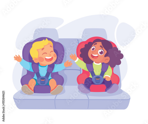 Little Boy and Girl on Seat with Safety Belt Vector Illustration