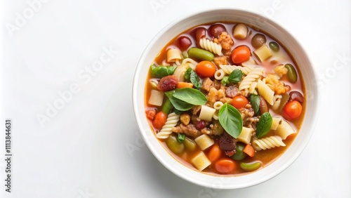 A bowl of minestrone soup with pasta, vegetables, and basil