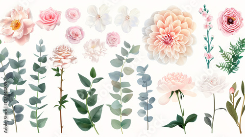 Spring Garden Flowers Vector Design: A big set of vector design elements including pink roses, hydrangeas, dahlias, white peonies, magnolias, and greenery, suitable for wedding collections