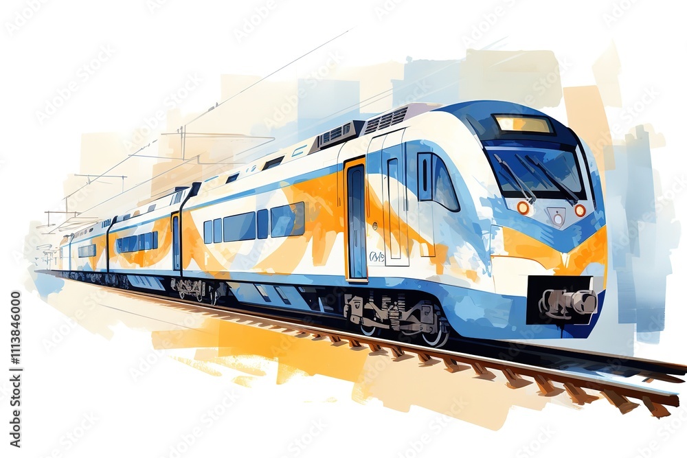 Fototapeta premium Metro train vector illustration sketch. Fast modern express passenger train on high speed railway station 