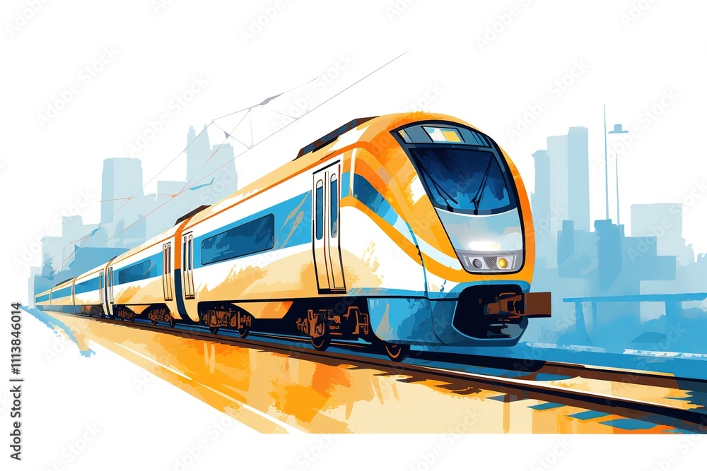 Naklejka premium Metro train vector illustration sketch. Fast modern express passenger train on high speed railway station 