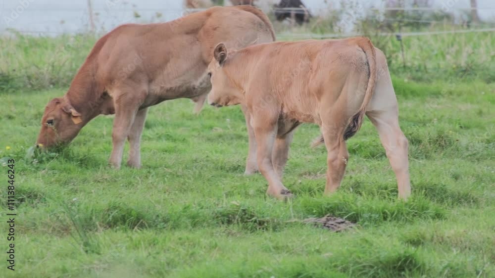 Two brown calves eating grass on a peaceful farm Two brown calves eating grass on a peaceful farm