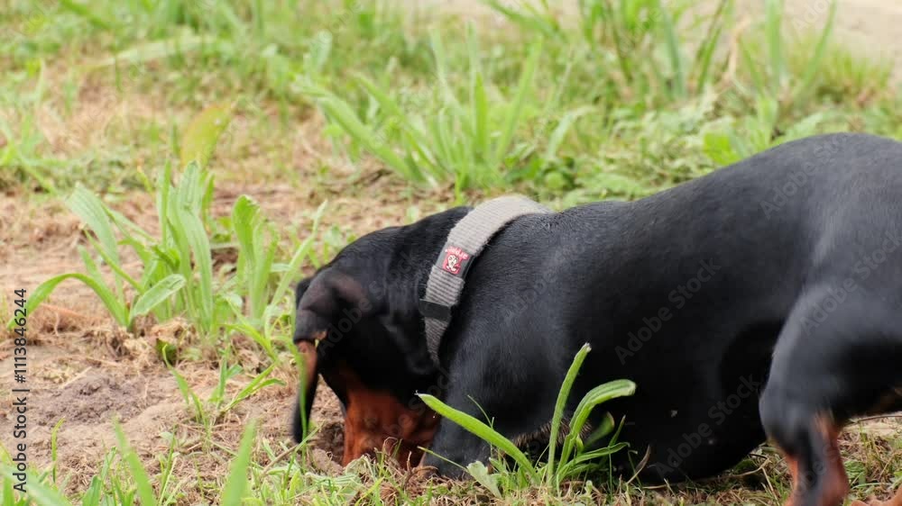 Dachshund dog digging into soil in a grassy outdoor area Dachshund dog digging into soil in a grassy outdoor area