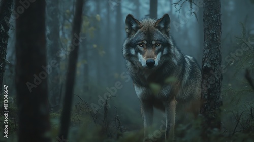 A wolf stands in a forest, staring directly at the camera.