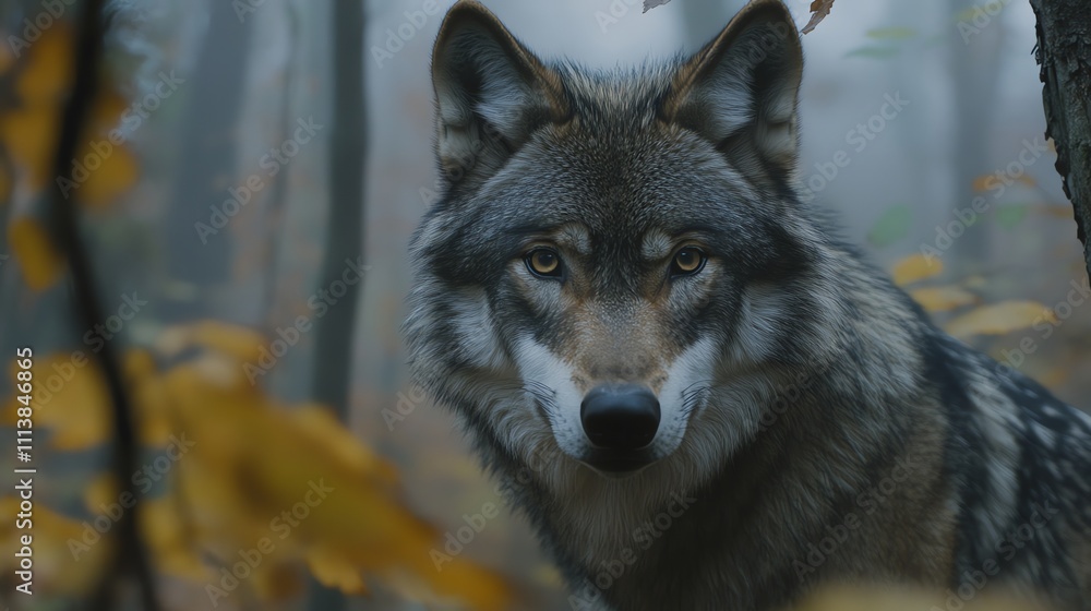 Fototapeta premium Close-up of a wolf in a forest, staring intently at the camera.