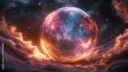 A floating bubble with internal holographic projections of abstract structures surrounded by faint stars