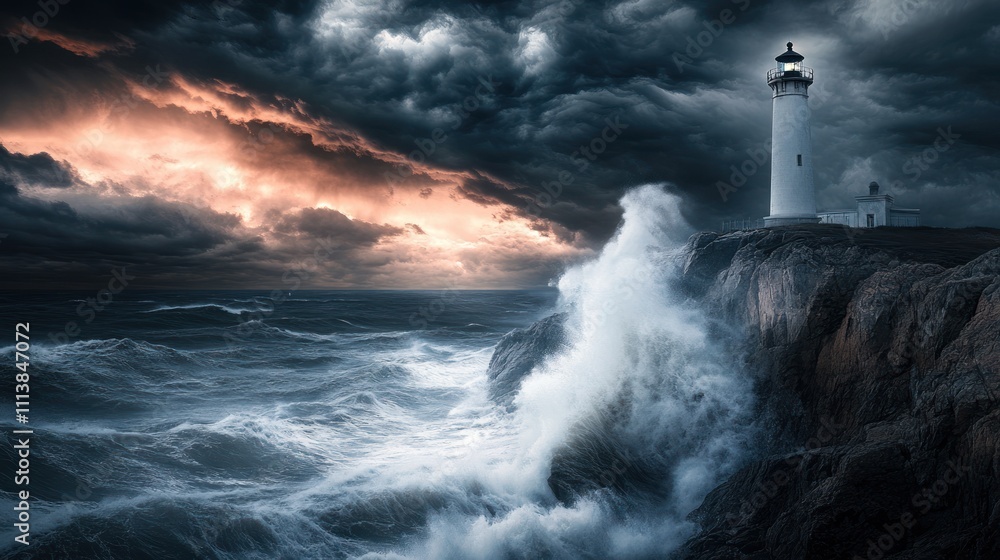 Dramatic lighthouse on rocky cliff with crashing waves under stormy sky Dramatic lighthouse on rocky cliff with crashing waves under stormy sky