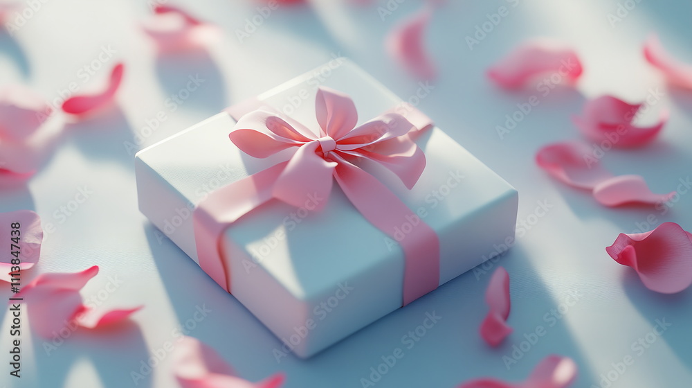 Close-up of delicate pink ribbon tied in bow around white gift box, with small rose petals scattered around on light background Valentine's day horizontal web banner, sale flyer, advert, greeting card Close-up of delicate pink ribbon tied in bow around white gift box, with small rose petals scattered around on light background Valentine's day horizontal web banner, sale flyer, advert, greeting card