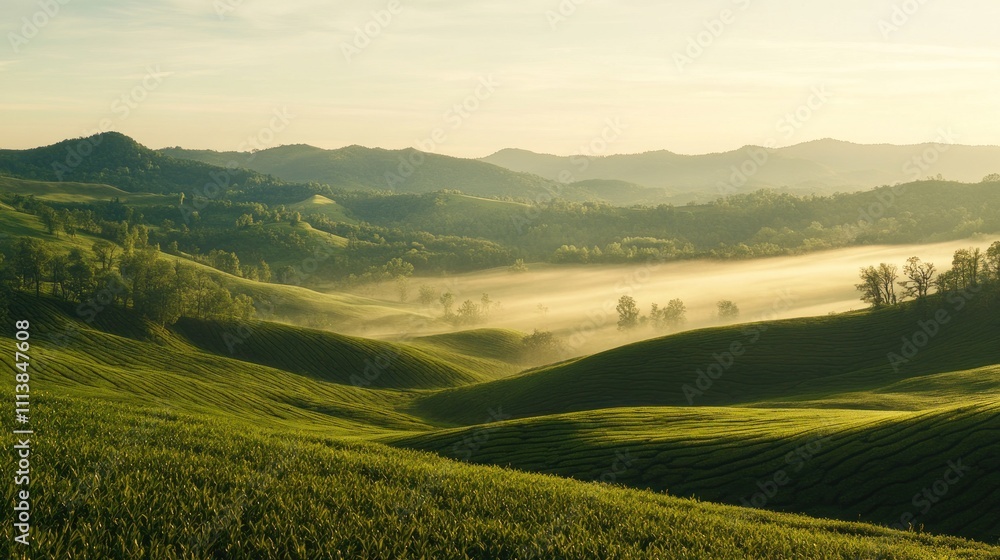 Obraz premium Misty sunrise over green rolling hills and serene valley landscape