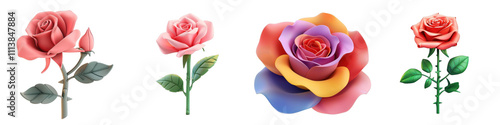 3d render blooming rose isolated on transparent background Cartoon Illustration in plastic style