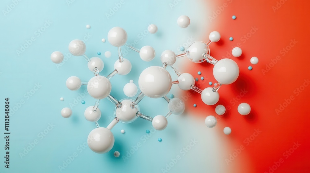 Abstract molecular structure with white spheres against a blue and red background, symbolizing chemistry and scientific exploration. Abstract molecular structure with white spheres against a blue and red background, symbolizing chemistry and scientific exploration.