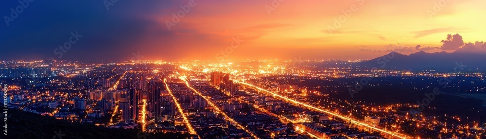 Fototapeta premium A stunning panoramic view of a cityscape illuminated by a vibrant sunset, showcasing a blend of natural beauty and urban architecture.