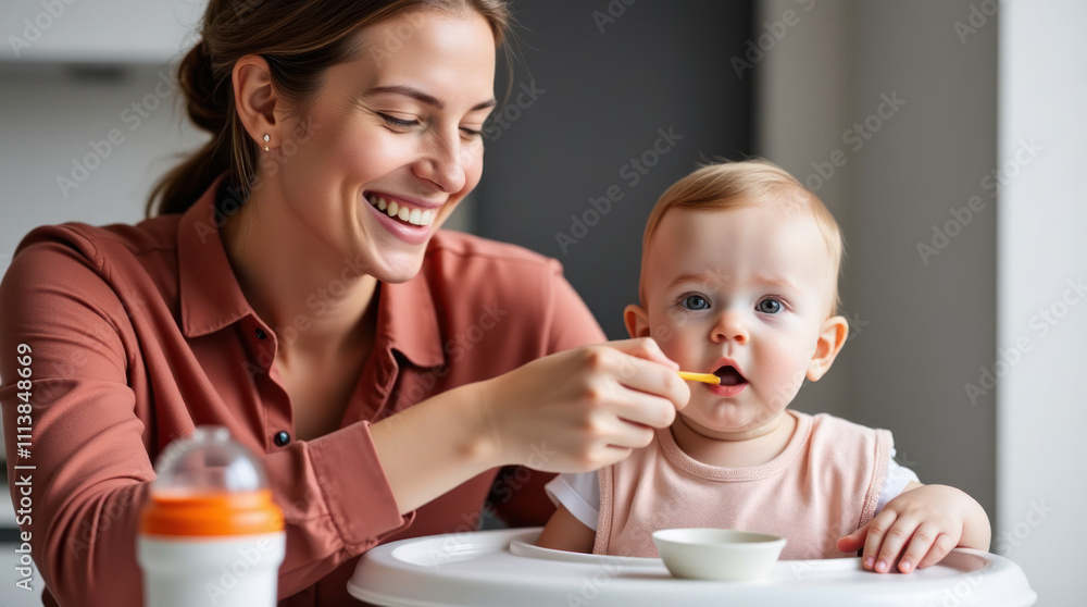 Smiling Mother Feeds Her Baby Girl With a Spoon in a Sunny Kitchen Smiling Mother Feeds Her Baby Girl With a Spoon in a Sunny Kitchen