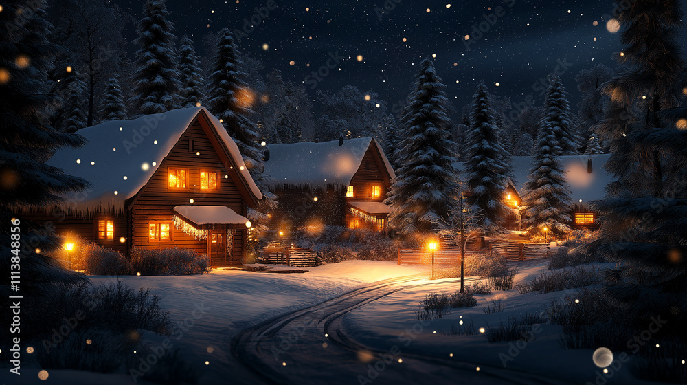 Fototapeta premium Snow-covered cabins glowing with warm light in a serene winter night forest