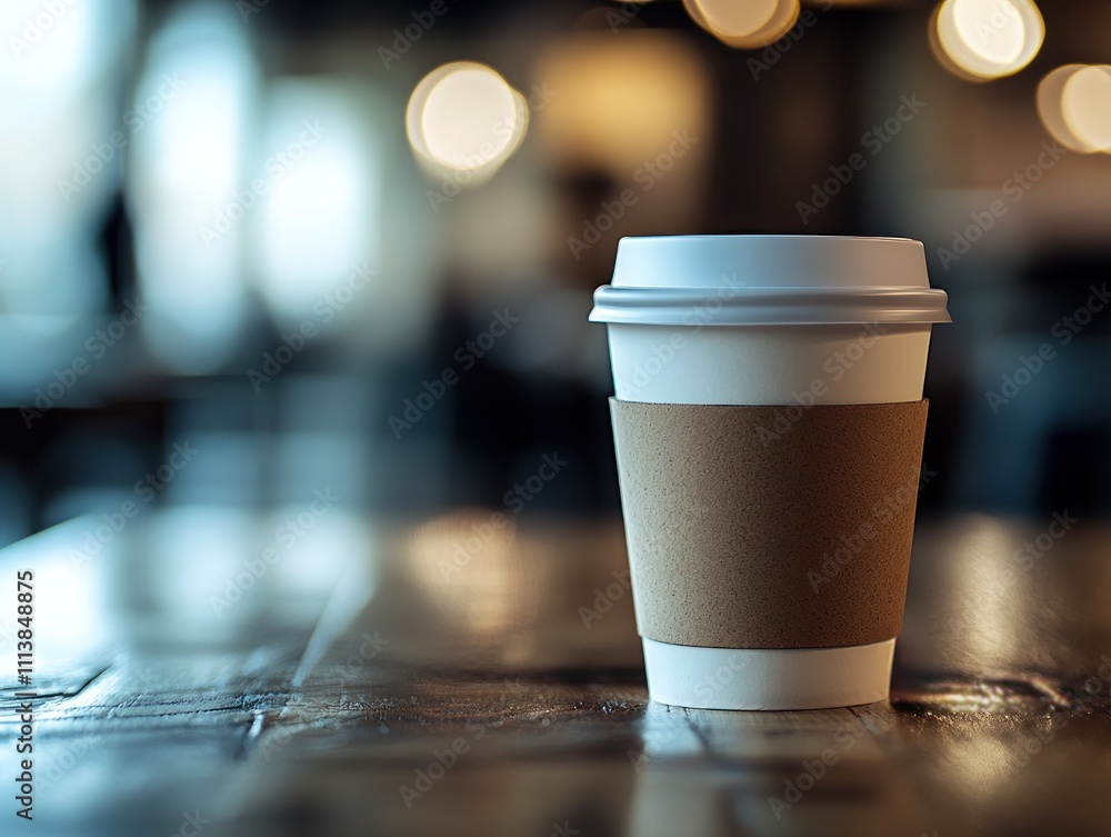 Coffee cup on wooden table in cozy cafe setting with blurred background Coffee cup on wooden table in cozy cafe setting with blurred background