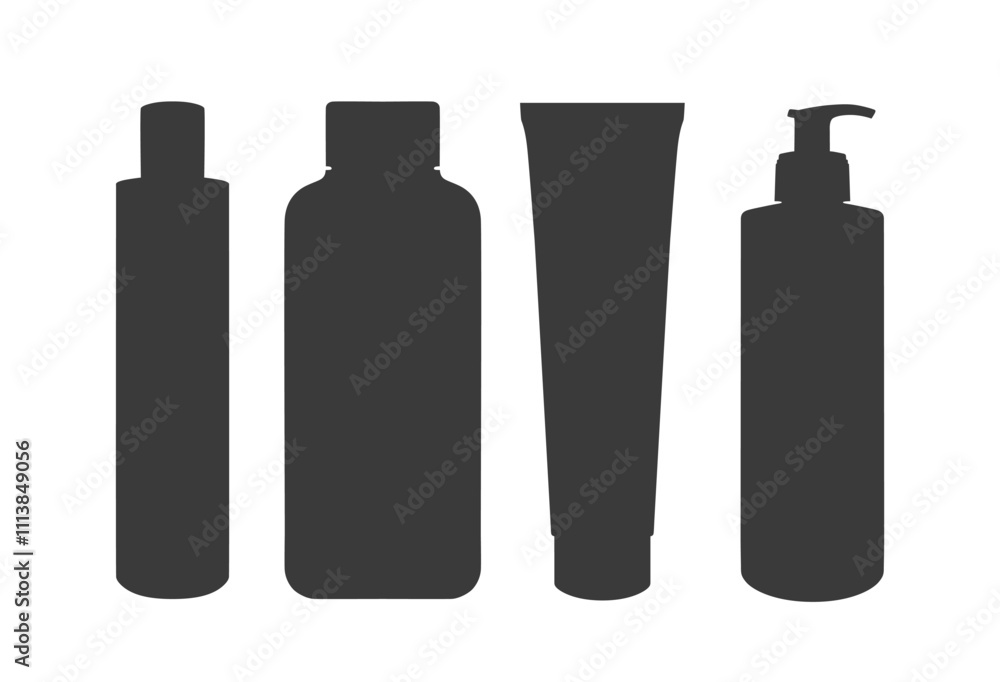 Set cosmetic bottle silhouette isolated vector illustration. Body and skincare beauty products Set cosmetic bottle silhouette isolated vector illustration. Body and skincare beauty products