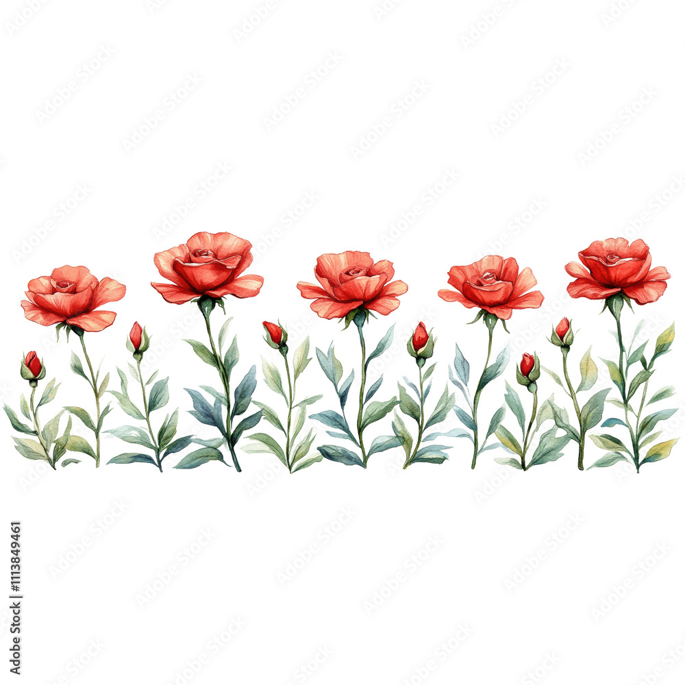 Obraz premium A seamless floral pattern featuring blooming red flowers and green stems, perfect for decorative borders, designs, or nature themes.