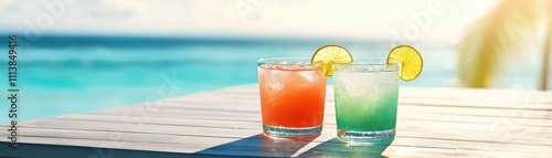 Two colorful cocktails sit on a table by the beach, with a bright ocean and sunny skies in the background, evoking a tropical paradise.