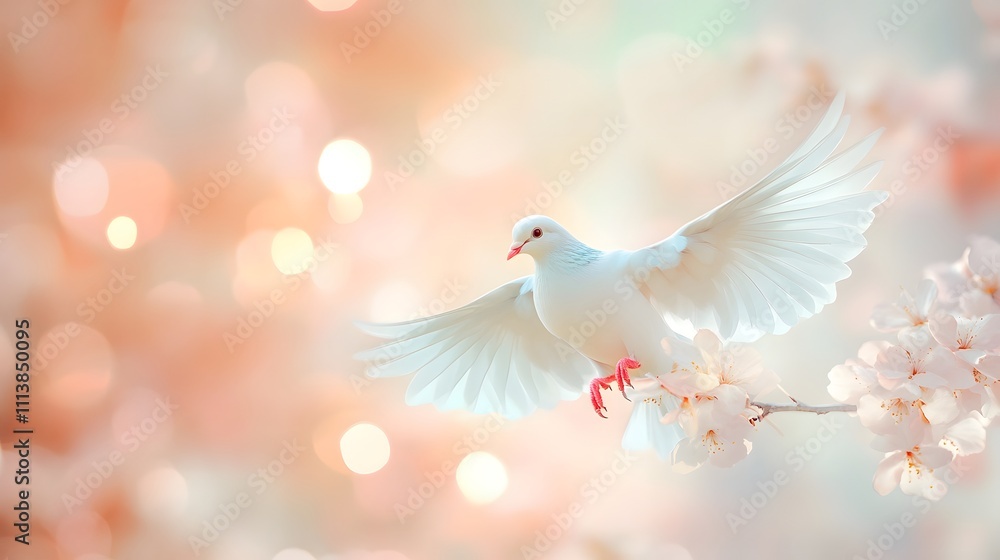 A serene white dove perched on a branch with soft blossoms in a dreamy background. A serene white dove perched on a branch with soft blossoms in a dreamy background.