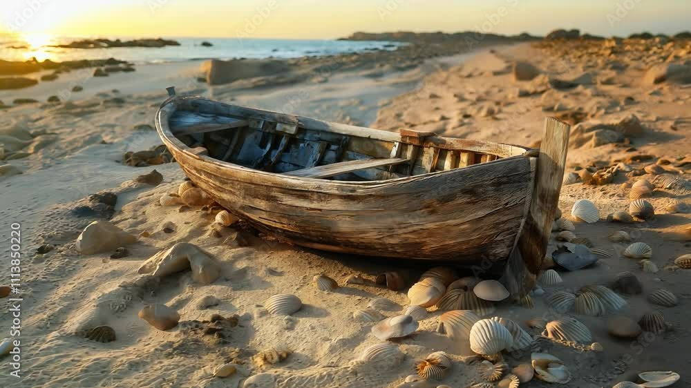 A old fishing boat on sand at the beach, surrounded by seashells and rocks
A old fishing boat on sand at the beach, surrounded by seashells and rocks