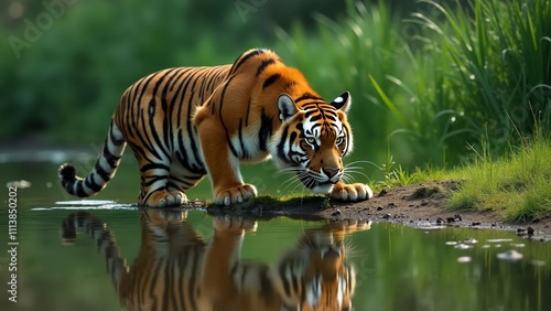 Majestic Bengal Tiger Prowling Near Water, Reflecting in Tranquil Habitat photo