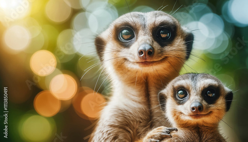 Wallpaper Mural Two playful meerkats stand close together, framed by a glowing, vibrant bokeh background in a serene wildlife setting Torontodigital.ca