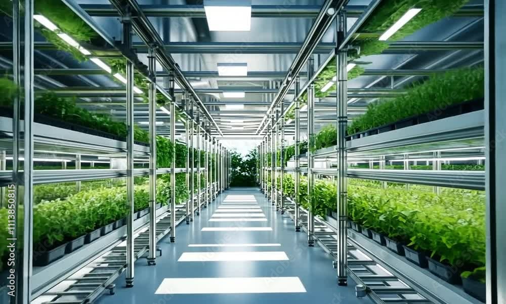 A modern indoor vertical farm with rows of greenery under bright, artificial lighting. A modern indoor vertical farm with rows of greenery under bright, artificial lighting.