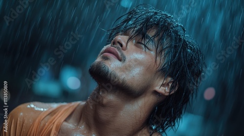 A man stands with intense expression, drenched by heavy rain, his face turned upward as the raindrops cascade down, embodying raw emotion and nature's embrace. photo