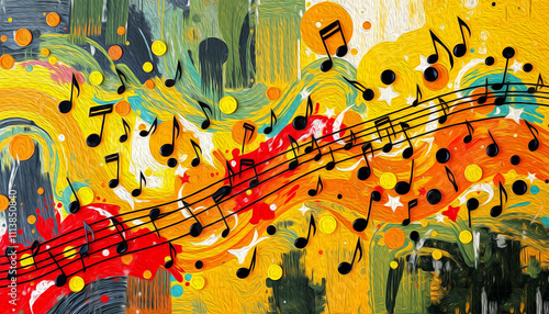 Musical pattern. Design for fabrics, wallpapers. Illustration with oil paint for printing on wall decorations