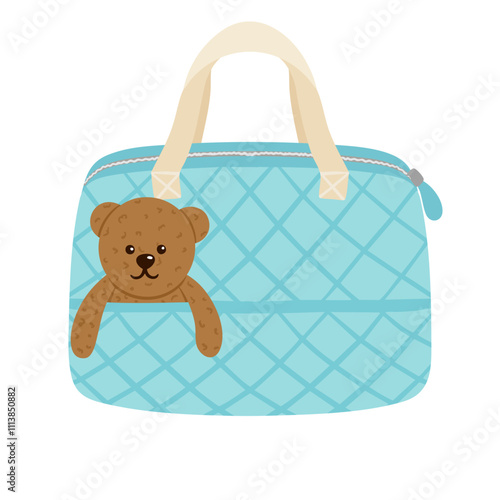 Diaper bag with bear toy vector illustration, blue. Baby care bag, diaper changing bag
