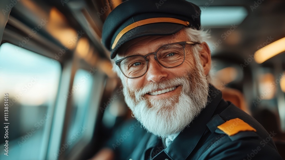 A cheerful elderly man with a full beard and glasses, donning a uniform, is sitting on a train, showcasing a sense of journey, wisdom, and friendly demeanor. A cheerful elderly man with a full beard and glasses, donning a uniform, is sitting on a train, showcasing a sense of journey, wisdom, and friendly demeanor.