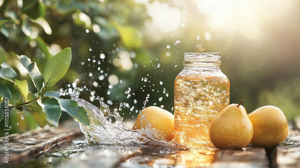 Bottle of pear juice with water splash, pears, sunlit wooden surface, exuding freshness, vibrant natural theme, and creating a lush, invigorating scene. Bottle of pear juice with water splash, pears, sunlit wooden surface, exuding freshness, vibrant natural theme, and creating a lush, invigorating scene.