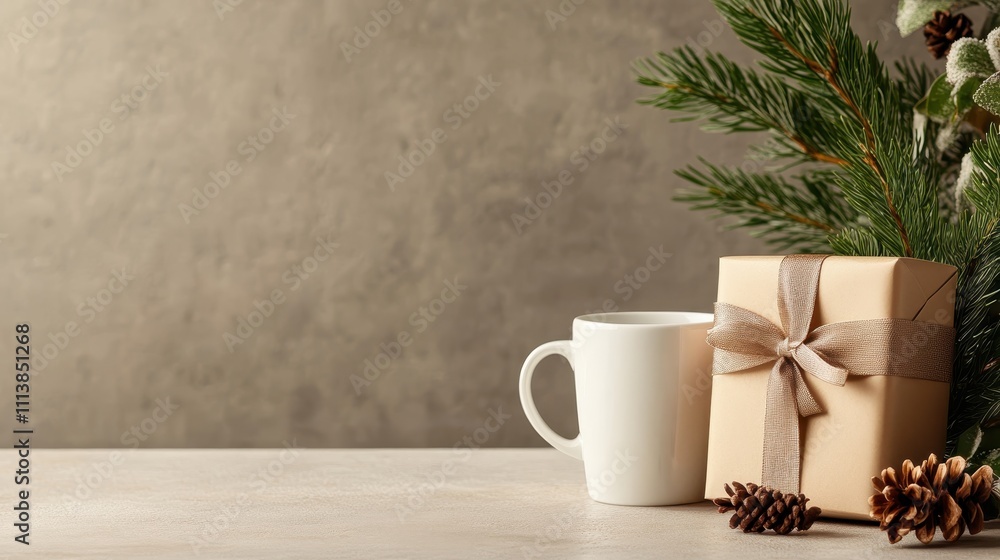 A cup next to a ribbon-adorned gift box, embraced by pine needles and small pine cones, offers a sense of festive cheer in a simple setting. A cup next to a ribbon-adorned gift box, embraced by pine needles and small pine cones, offers a sense of festive cheer in a simple setting.
