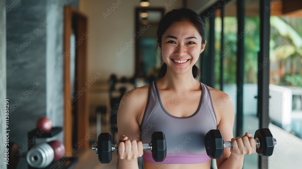 Positive asian woman training with dumbbells image copy space. Japanese lady lifting weight at home gym banner background blurred. Healthy lifestyle concept photography copyspace Positive asian woman training with dumbbells image copy space. Japanese lady lifting weight at home gym banner background blurred. Healthy lifestyle concept photography copyspace