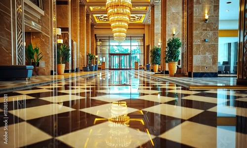 Elegant hotel lobby with polished floors and luxurious chandeliers.
