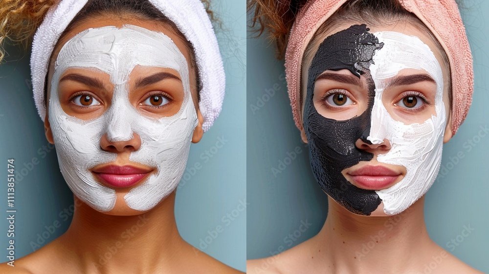 Caucasian women with different cosmetic masks on faces portrait images set. Females showing spa treatment photography studio shot collection. Beauty concept photo realistic Caucasian women with different cosmetic masks on faces portrait images set. Females showing spa treatment photography studio shot collection. Beauty concept photo realistic