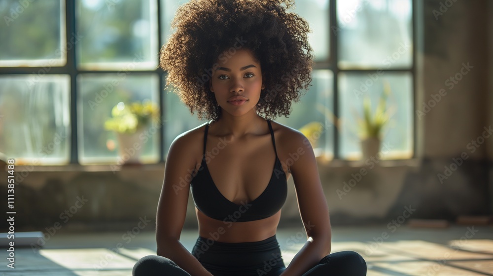 Black woman with kinky hair sitting in gym portrait image. Young sportive woman resting in yoga class picture photorealistic photography. Athletic activity concept photo realistic Black woman with kinky hair sitting in gym portrait image. Young sportive woman resting in yoga class picture photorealistic photography. Athletic activity concept photo realistic