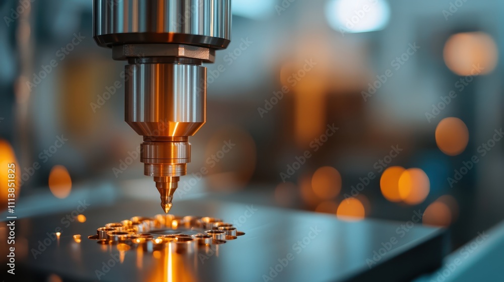 Precision CNC machine tool in action, highlighted by warm lighting, represents technology, innovation, and industrial advancement inside a workshop environment. Precision CNC machine tool in action, highlighted by warm lighting, represents technology, innovation, and industrial advancement inside a workshop environment.
