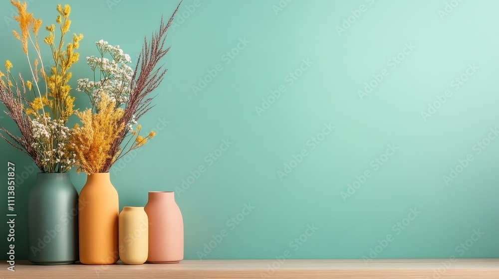 Charming display of colorful vases with an arrangement of dried flowers on a table, reflecting elegance, nature, and harmony combined in an aesthetically pleasing way. Charming display of colorful vases with an arrangement of dried flowers on a table, reflecting elegance, nature, and harmony combined in an aesthetically pleasing way.