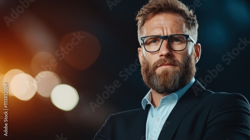 A man in a suit displays an intense expression under stylish lighting, capturing strength and confidence in a modern, business-oriented context. photo