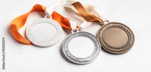 Three medals in gold, silver, and bronze with ribbons, symbolizing achievement and competition in various sports events. Perfect for awards related imagery. photo