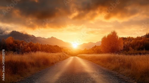 A serene golden hour setting with a road winding through a picturesque valley, accentuated by glowing sunlight and majestic mountain ranges in the distance.