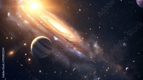 Glowing round galaxy and gas giant in dark space image. Glaring cosmic formation in universe photography scene wallpaper. Discovering unknown depth concept photorealistic photo photo