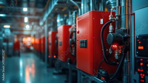 A close-up view of vibrant red machinery in a futuristic, high-tech industrial facility showcasing precision engineering and advanced mechanical systems. photo