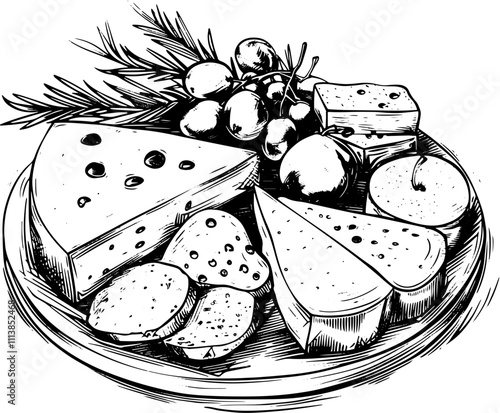 Cheese platter, sketch illustration. 